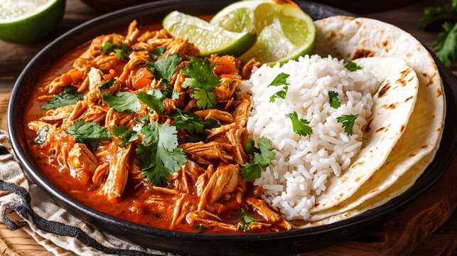 A dish of tinga de pollo, shredded chicken in a smoky tomato sauce, served with rice and warm tortillas