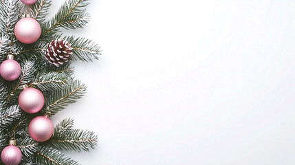 A border of Christmas balls and fir branches on a white background. An empty space for the text, flat lay.