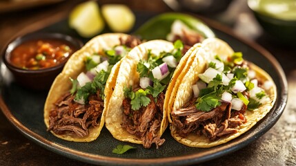 A plate of tacos de barbacoa, tender beef with onions and cilantro, served with a side of spicy salsa