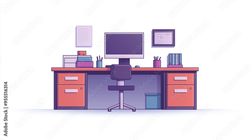 Poster Modern office desk with computer and supplies facing forward illustration