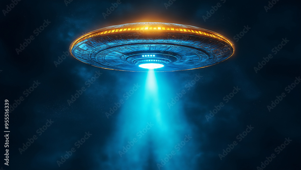 Poster unidentified flying object hovering with beam of light at night
