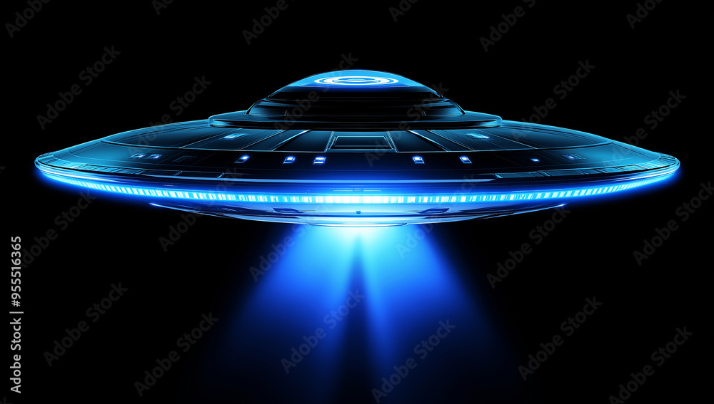 Poster ufo flying saucer is hovering and glowing on black background