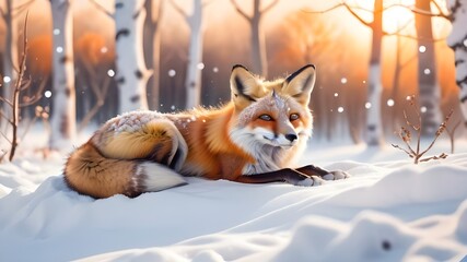 A red fox resting in a snowy forest at sunset, surrounded by birch trees and soft golden light