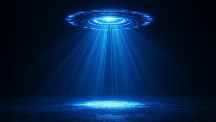 Unidentified flying object hovering at night emitting light beams