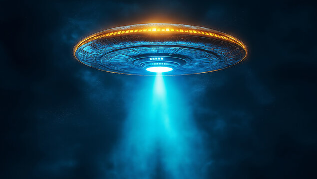 Unidentified flying object hovering with beam of light at night