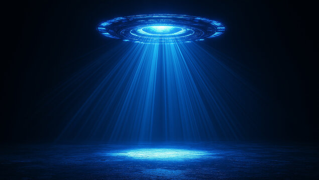 Unidentified flying object hovering at night emitting light beams - Powered by Adobe