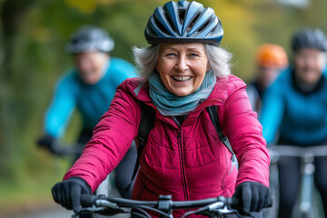 Obraz premium Group of senior women cycling together on countryside road are all smiles