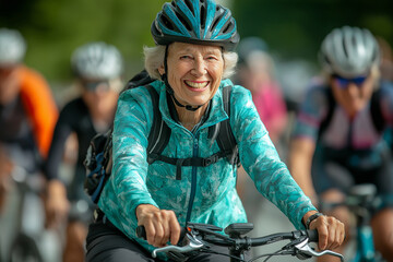 Senior woman cycling with friends is smiling at camera during a ride in the city