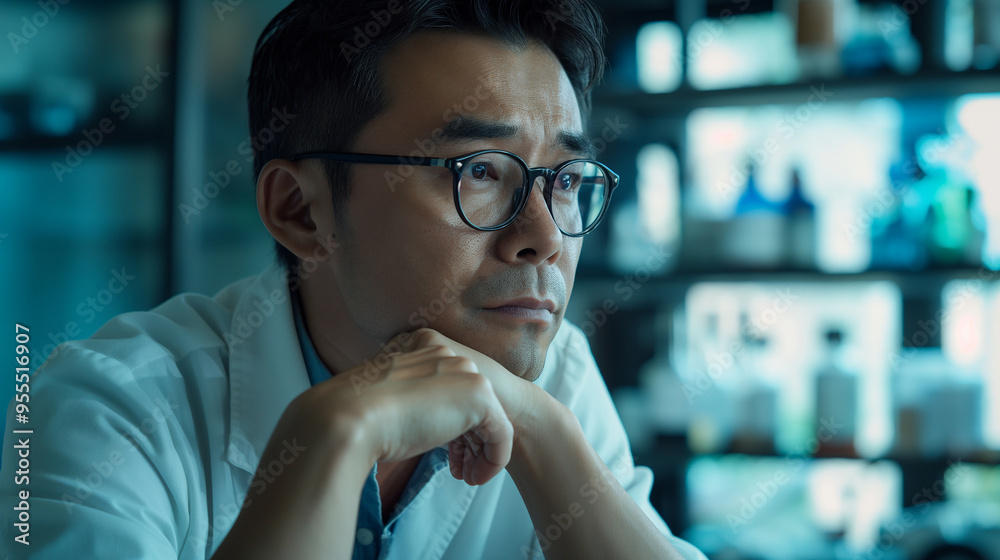Aufkleber pensive scientist thinking in a modern laboratory setting