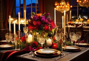 elegant welcoming table setup festive colorful delicious meals memorable dining experience, decorations, food, plates, utensils, napkins, centerpiece