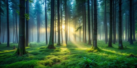 Fototapeta premium Sunlight Piercing Through the Foggy Forest, Wide Angle Composition, Morning Light Filtering Through Trees, Mystical Atmosphere, Forest, Fog, Sunbeams