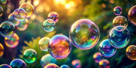 Naklejka premium Sunlight Shimmering Through Iridescent Bubbles, Nature's Reflection, Colorful, Bubbles, Summer, Joy , Bubbles