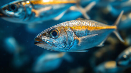 School of fish swimming in blue ocean water