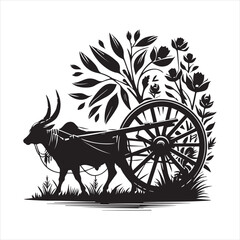 Fototapeta premium bullock cart wheel silhouette vector With White Background 