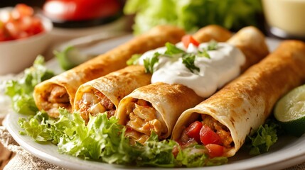 A serving of Mexican flautas, rolled and fried tortillas filled with chicken, topped with lettuce, crema, and salsa