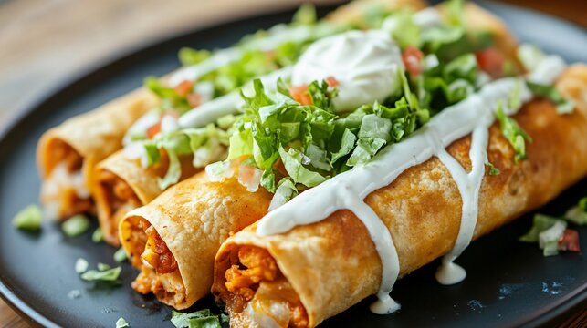 A serving of Mexican flautas, rolled and fried tortillas filled with chicken, topped with lettuce, crema, and salsa