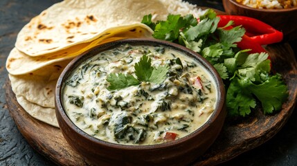 Fototapeta premium A serving of rajas con crema, roasted poblano peppers in a creamy sauce, served with rice and warm tortillas