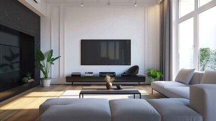 Spacious and bright modern living room, featuring minimalist design and large windows.