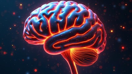 Human Brain with Glowing Circuits and Wires in Dark Digital Space