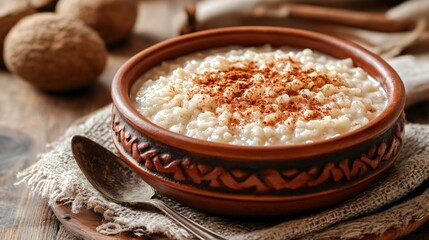A traditional Mexican dessert, arroz con leche, rice pudding flavored with cinnamon, served in a rustic bowl