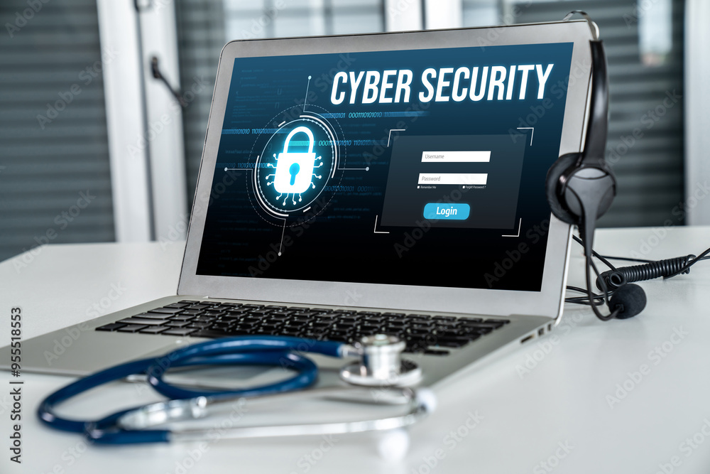 Poster cyber security system on computer screen protect private information snugly from hacker and cyber at