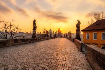 Obraz premium View of the city of Prague and the Vltava river with Old Town Bridge Tower on Charles bridge in Prague, Czech Republic.