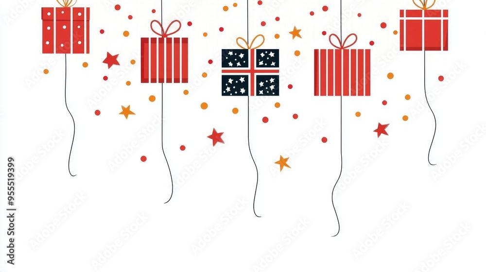 Wall mural Festive Gift Boxes Hanging on Strings with Stars and Confetti