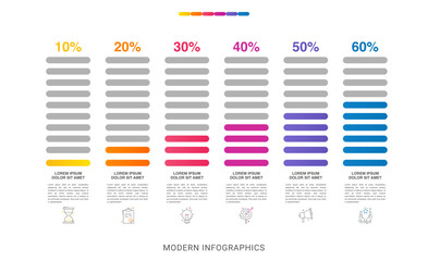 Colorful gradient bars template list. Vector modern infographic illustration with icons and percentages for banner, presentations, app, content, timelines.