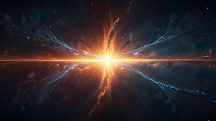 Fototapeta premium An ethereal abstract background illustrating the concept of ionization, with glowing negative and positive ions swirling in a misty atmosphere, connected by subtle lines of force