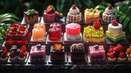 Delicious Assortment of Miniature Cakes and Desserts on a Black Marble Tray