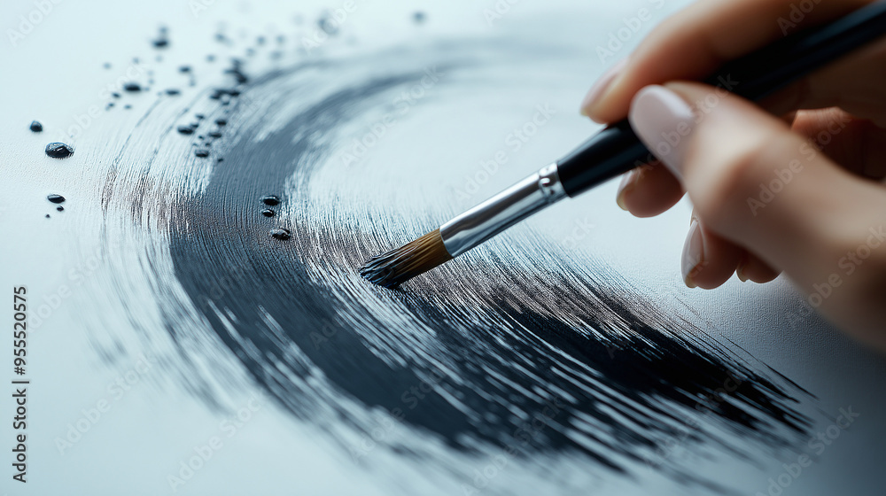 Poster artist using paintbrush creating abstract circular stroke painting