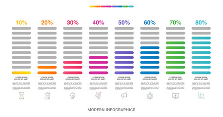 Colorful gradient bars template list. Vector modern infographic illustration with icons and percentages for banner, presentations, app, content, timelines.