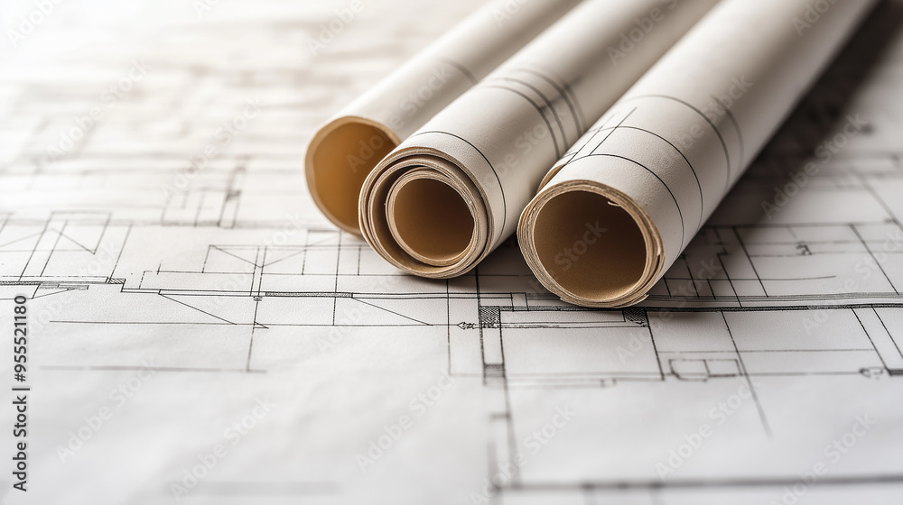 Aufkleber Architectural blueprints showing floor plan with three rolls lying on top