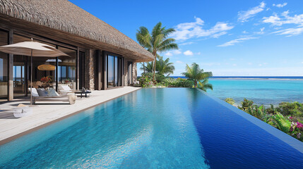 Fototapeta premium Luxurious infinity pool overlooking tropical ocean at a resort