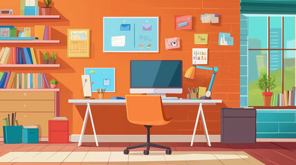 Modern home office interior with workplace desk, computer and bookshelves in cartoon style