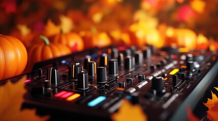 A vibrant DJ mixer surrounded by autumn leaves and pumpkins, capturing the essence of fall and music creativity.