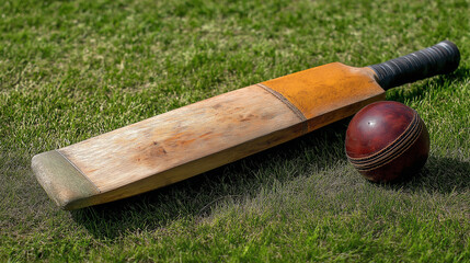 Well worn cricket bat and ball resting on grass