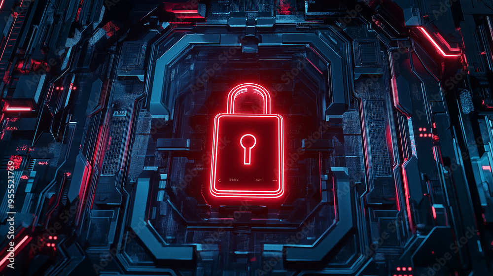 Poster red glowing padlock icon protecting microchip circuit board: cybersecurity concept
