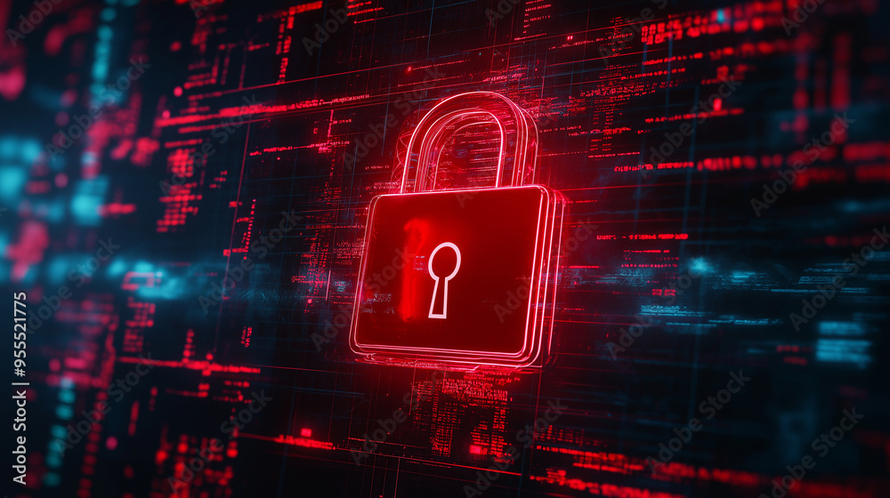 Poster Red glowing padlock protecting data with binary code flowing on circuit board