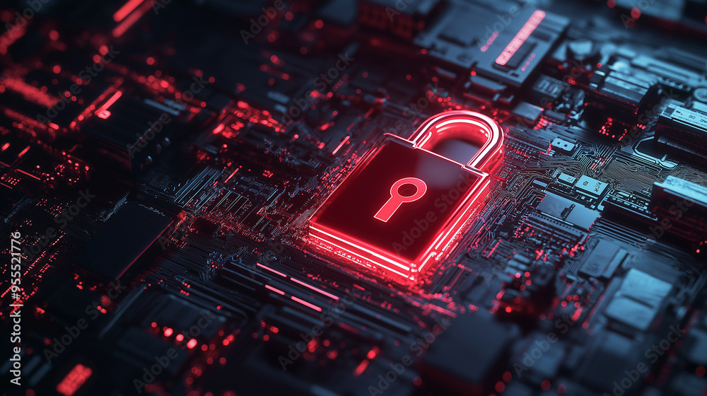 Poster Red glowing padlock icon on circuit board symbolizing cybersecurity