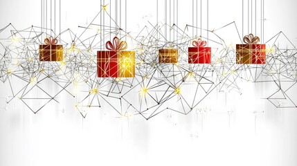 Abstract Christmas Gift Boxes Hanging on Network of Lines with Sparkles
