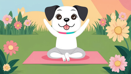 Naklejka premium cute cartoon dog in yoga pose , flowers, flat design illustration