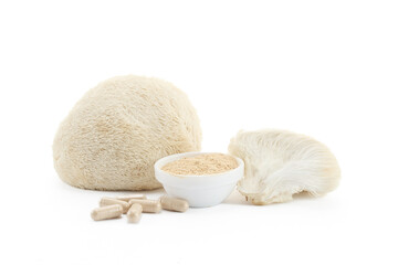 Lion's Mane Mushroom Supplement on white background