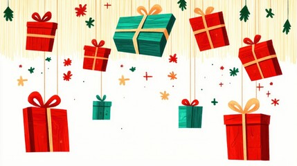 Festive Gift Boxes Hanging From Strings with Confetti Background