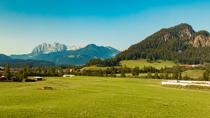 Alpine summer view with Mount Wilder Kaiser at Koessen, Kitzbuehel, Tyrol, Austria