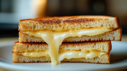 Close-up of a grilled cheese sandwich with golden-brown crust and melted cheese