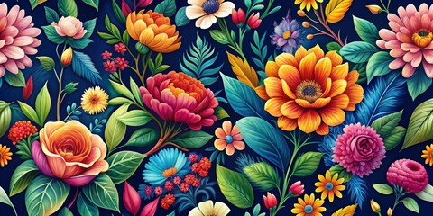 Fototapeta premium Vibrant Floral Tapestry - A Digital Painting of Colorful Blooms and Lush Foliage, Floral Art, Digital Painting, Seamless Pattern, Flower Design