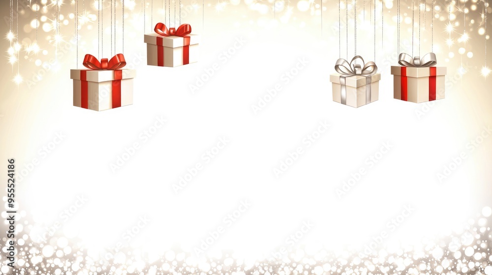 Wall mural festive holiday gift boxes hanging with shiny background