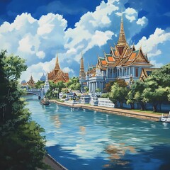 Naklejka premium Stunning Anime Inspired Temple on Bangkok s Riverside Skyline