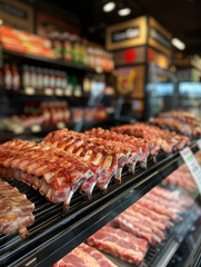 Display of ribs in a butcher shop or market.